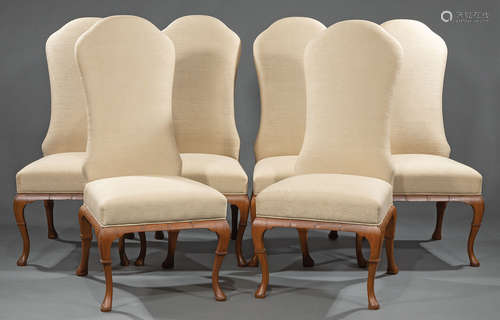 Six Queen Anne-Style Carved Hardwood Side Chairs , tall upholstered back, cabriole legs, pad feet,