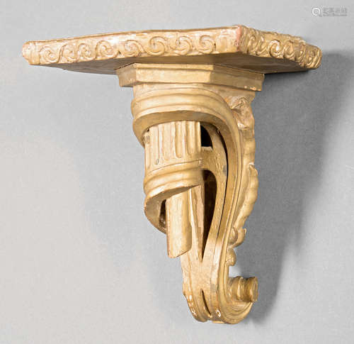 Pair of French Carved and Painted Brackets , c. 1900, shaped shelf, scroll support, h. 8 1/2 in., w.