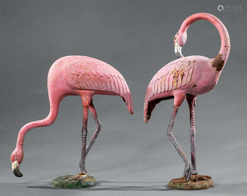 Pair of Vintage Cast Iron Flamingos , taller h. 24 in