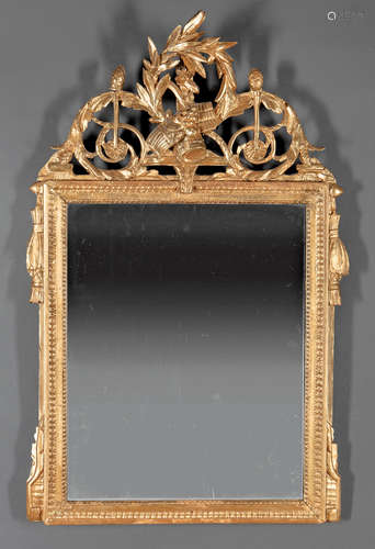 Louis XVI-Style Giltwood Mirror , high trophee crest, bracketed surround, h. 35 1/2 in., w. 23