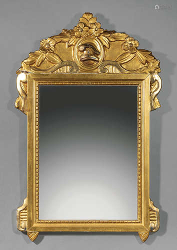 Antique Louis XVI-Style Giltwood Mirror , floral crest, bracketed surround, h. 28 in., w. 18 in