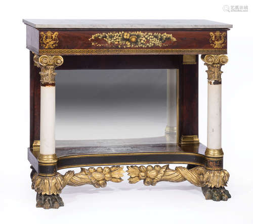 American Classical Carved, Gilded and Stenciled Mahogany Pier Table , c. 1830, New York, later