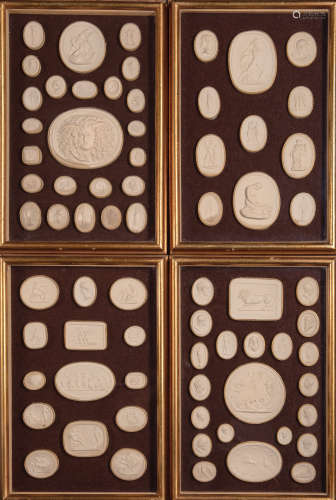Collection of Grand Tour Plaster Intaglios , 19th c., presented in 15 gilt shadowbox frames, each