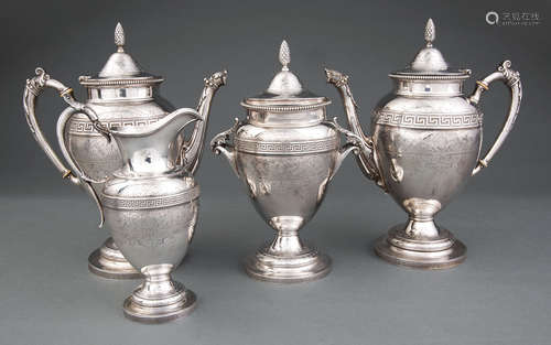 Gorham Coin Silver Coffee Service in the Neo-Grec Taste , c. 1863-1865, retailer's mark rubbed,