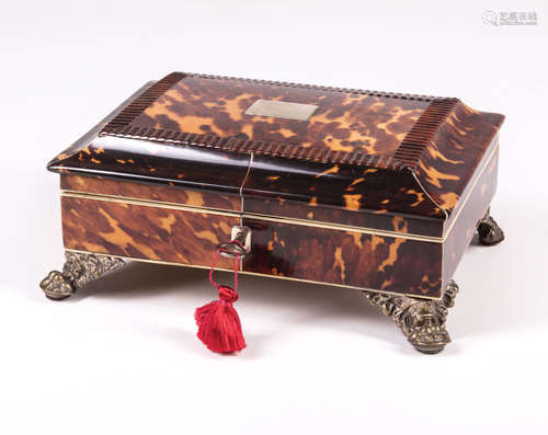 English Tortoiseshell Sewing Box , c. 1830, fitted interior, winged-paw silverplate feet, h. 3