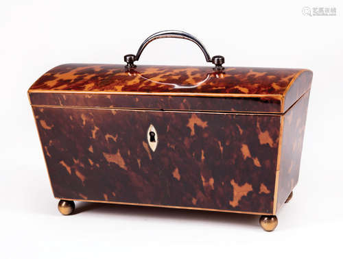 English Tortoiseshell Tea Caddy , 19th c., bail handle, domed top, tapered sides, interior fitted