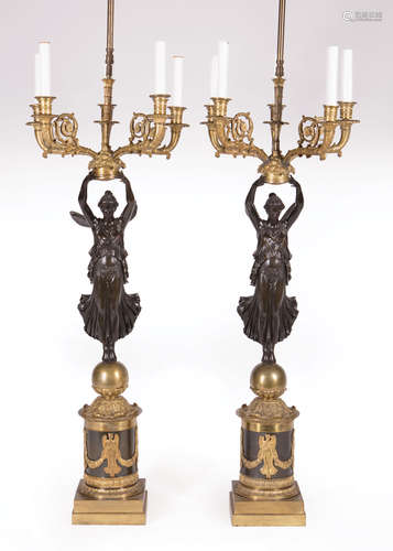 Pair of Napoleon III Gilt and Patinated Bronze Five-Light Candelabra , 19th c., each with Winged