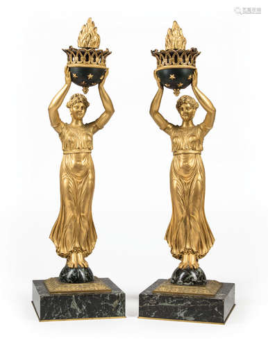 Pair of Neoclassical-Style Gilt Bronze and Marble Torcheres , c. 1880, base marked 