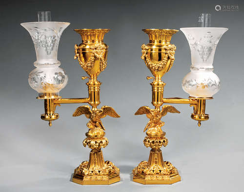 Pair of English Gilt Bronze Single-Arm Argand Lamps , c. 1835, marked 