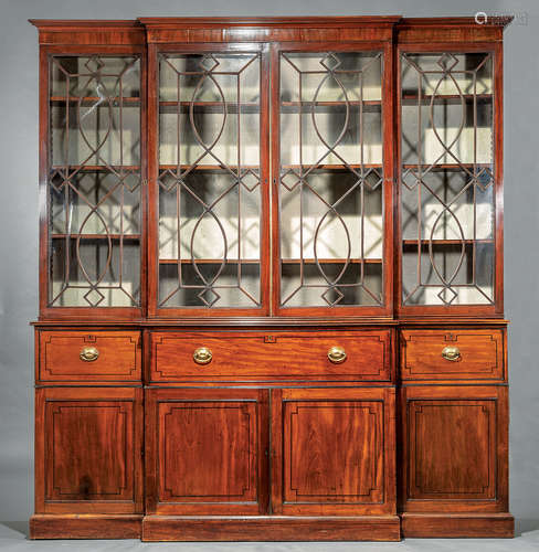 George III Inlaid Mahogany Breakfront Bookcase , early 19th c., upper case with molded cornice,