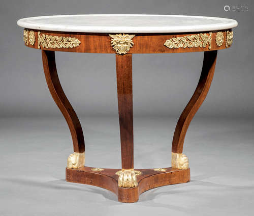 French Bronze-Mounted and Gilt Mahogany Center Table , 19th c., dished marble top, scrolled legs,