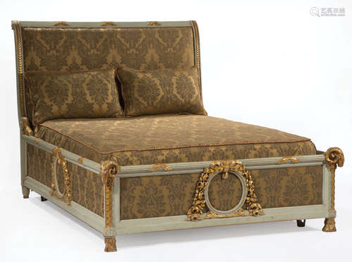 Louis XVI-Style Carved, Painted and Parcel Gilt Bed , sleigh form headboard with acanthus carved