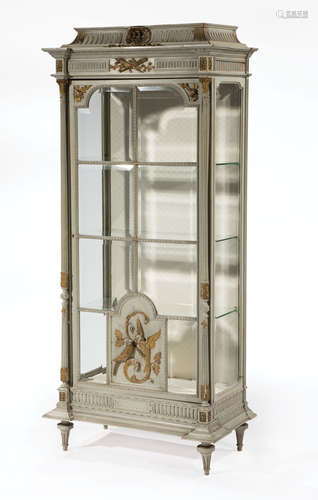 Louis XVI-Style Carved, Gris Peinte and Parcel Gilt Vitrine , late 19th c., fluted raised top with