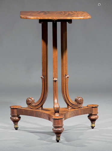 American Classical Mahogany Candlestand , early 19th c., probably Boston, tilt-top, scrolled