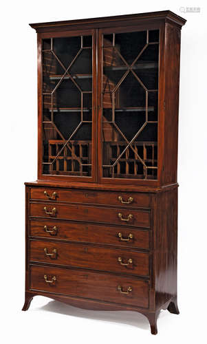 George III Carved and Inlaid Mahogany Secretary Bookcase , c. 1800 and later, later cornice,