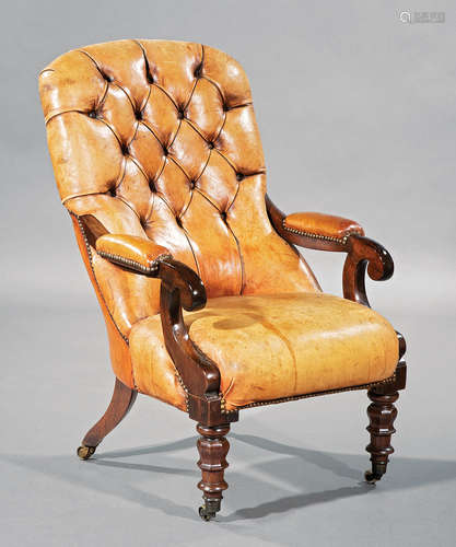 William IV Carved Mahogany and Leather Library Chair , button-tufted back, scrolled padded arms,