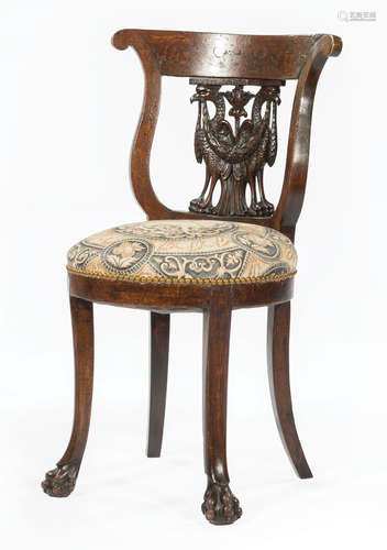 Continental Inlaid Mahogany Side Chair , 19th c., possibly Russian, lyre shaped back, splat with