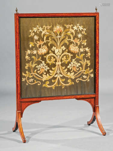 Regency Inlaid Satinwood Firescreen , 19th c., urn finials, embroidered silk panel, sabre legs, h.