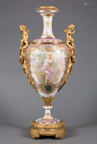 Large Bronze-Mounted Sevres-Style Polychrome and Gilt Porcelain Vase , 19th c., with a scene of