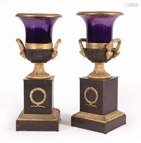 Pair of Empire-Style Russian or French Gilt and Patinated Bronze and Amethyst Glass Campagna , early