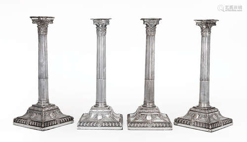 Set of Four Georgian Sheffield Plate Corinthian Columnar Table Candlesticks , late 18th c., each