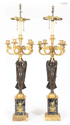 Pair of Empire Gilt and Patinated Bronze Five-Light Candelabra , 19th c., marked on base 