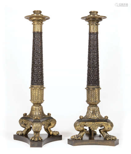 Pair of Large Charles X-Style Bronze Lamps , 20th c., tripartite base, lion feet, socket fixture, h.