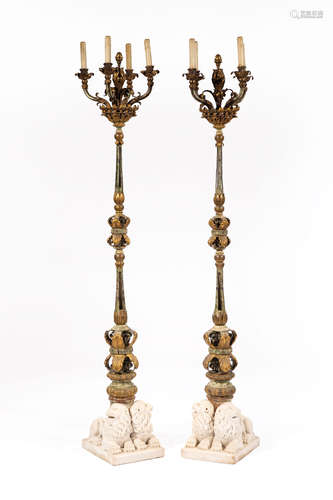 Pair of Beaux Arts Bronze, Wrought Iron and Gilt Metal Four-Light Torcheres , c. 1900, possibly