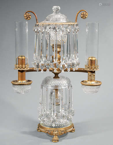 English Bronze and Cut Crystal Two-Light Argand Lamp , 19th c., marked 