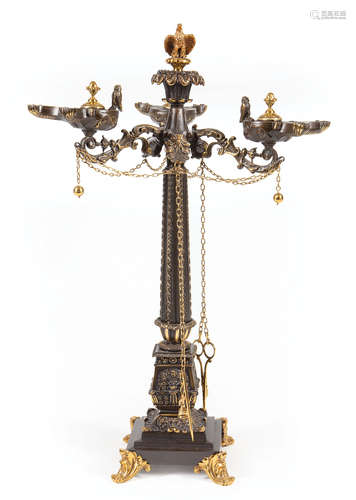 Fine English Gilt and Patinated Bronze Banquet Lamp , 19th c., probably Messenger, eagle finial;