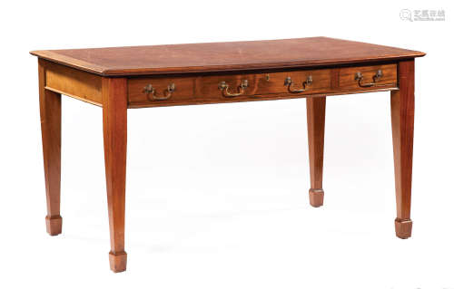 George III-Style Mahogany Writing Table , tooled leather top, 3 frieze drawers, tapered legs,