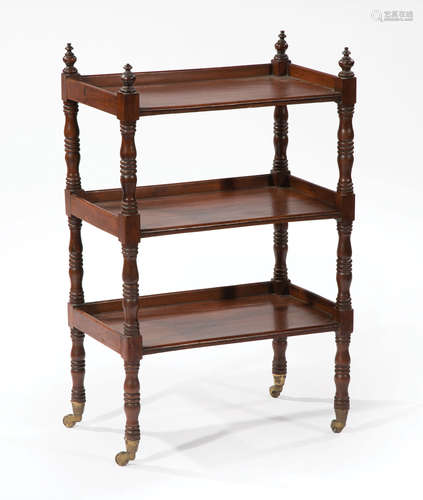 George III Carved Mahogany Diminutive Trolley , early 19th c., turned finials, three shelves, ring-