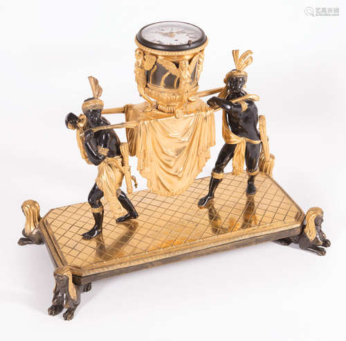 Continental Gilt and Patinated Bronze Figural Table Clock , 19th c., possibly Austrian, clock case