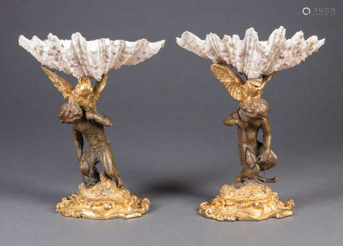 Pair of Empire Gilt and Patinated Bronze and Shell Tazzas , early 19th c., modeled as chimpanzees on