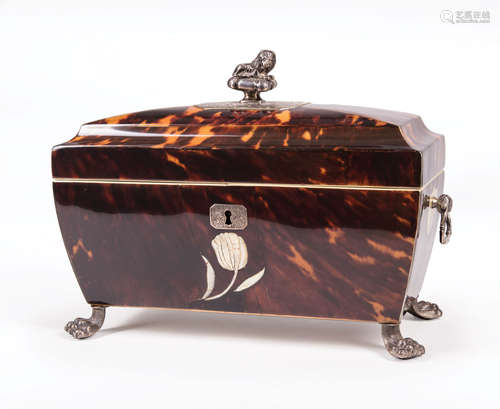 Fine Continental Silver and Mother-of-Pearl Inlaid Tortoiseshell Tea Caddy , c. 1825, Dutch marks,