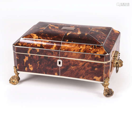 Late Georgian Brass-Mounted Tortoiseshell Sewing Box , early 19th c., silver cartouche 