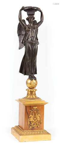 French Gilt and Patinated Bronze Figural Standard , 19th c., Winged Victory, later hardwood