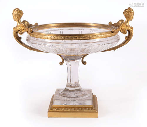 French Gilt Bronze-Mounted Cut Crystal Center Bowl , late 19th c., probably Baccarat, winged figural