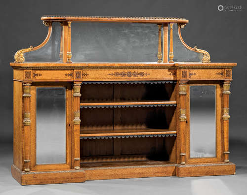 English Parcel Gilt and Inlaid Birdseye Maple Sideboard , late 19th c., brass galleried