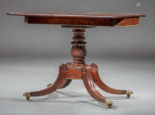 American Classical Carved and Brass-Mounted Mahogany Games Table , early 19th c., Boston, foldover