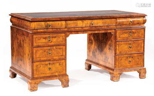 William IV-Style Burled and Figured Walnut Pedestal Desk , 20th c., inset green tooled leather