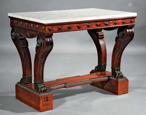 Antique French Bronze-Mounted and Parcel Ebonized Mahogany Center Table , marble top, star-decorated