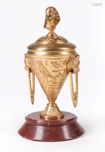 French Egyptian Revival Gilt Bronze Encrier , mid-19th c., urn form, pharoanic finial, panther