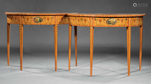 Pair of Edwardian Painted and Inlaid Satinwood Demilune Tables , early 20th c., Neoclassical motifs,