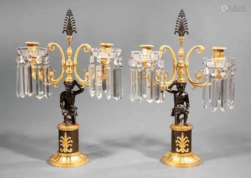 Pair of Neoclassical-Style Gilt and Patinated Bronze Two-Light Candelabra , each opposing Grecian