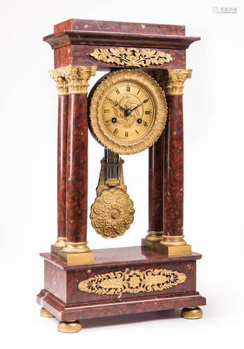 French Rouge Royale Marble and Gilt Bronze Portico Clock , early 19th c., movement marked 