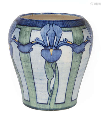 Newcomb College Art Pottery High Glaze Vase , 1904, probably by Henrietta Bailey, with iris