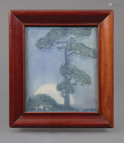 Newcomb College Art Pottery Tile , 1913 decorated with low relief-carved pine tree, matte glaze with