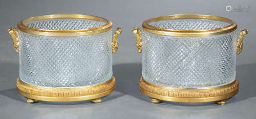 Pair of Bronze-Mounted Baccarat-Style Diamond Point Cut Crystal Jardinieres , ram's head handles, h.