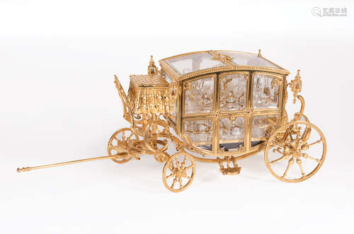 Rare and Monumental French Gilt Bronze and Glass Cave à Liqueur in the Form of a Carriage , late